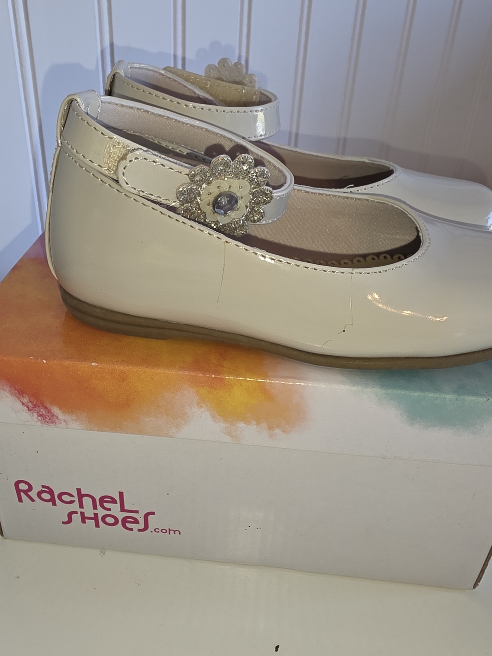 Rachel Cream Patent Mary Jane with Glitter Flower Accent